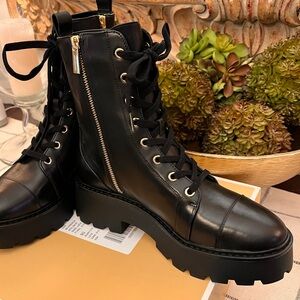 NIB Michael Kors Blake Bootie Size 8 Black Leather Zip Up/Lace-Up Boots Platform